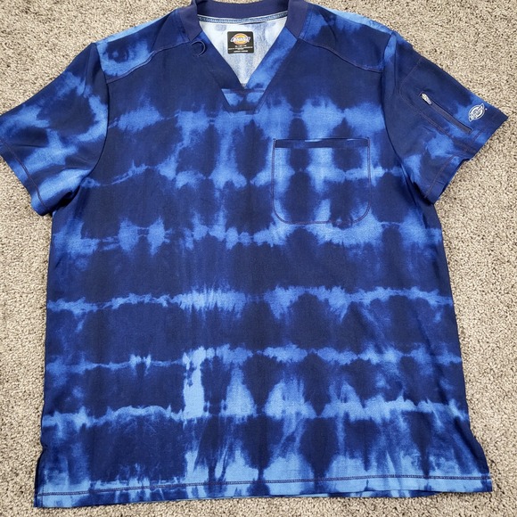 Dickies Mens XL Tie Dye V Neck Scrub Top Short Sleeve Pocket Zipper Blue - Picture 2 of 9